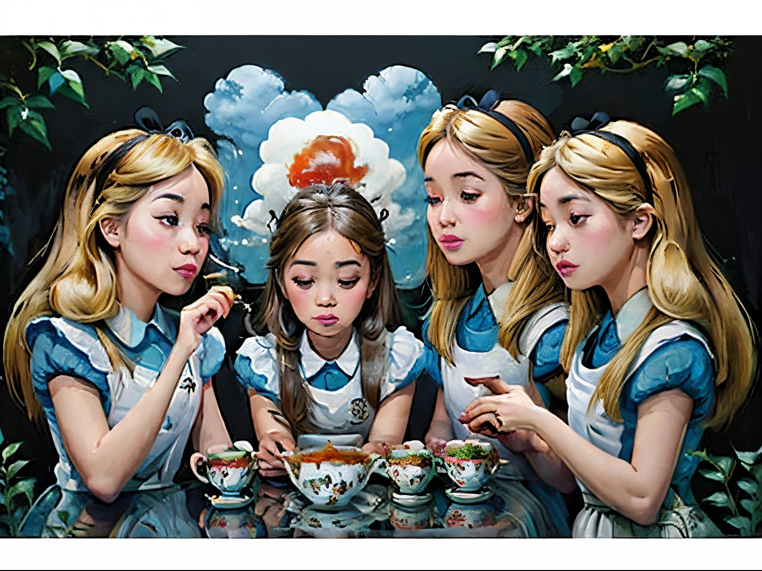 네 소녀, 티타임, 아시아 사람, 찻잎, 그림, 초상화, 연기, 다채로운 구름, 종이 컷