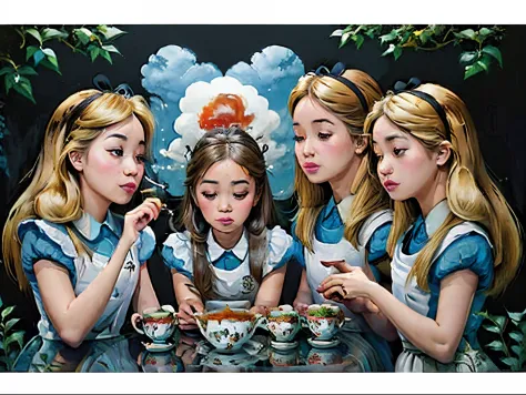 Four girls, tea time, asian, tea leaves, painting, portrait, smoke, colorful cloud, paper cut