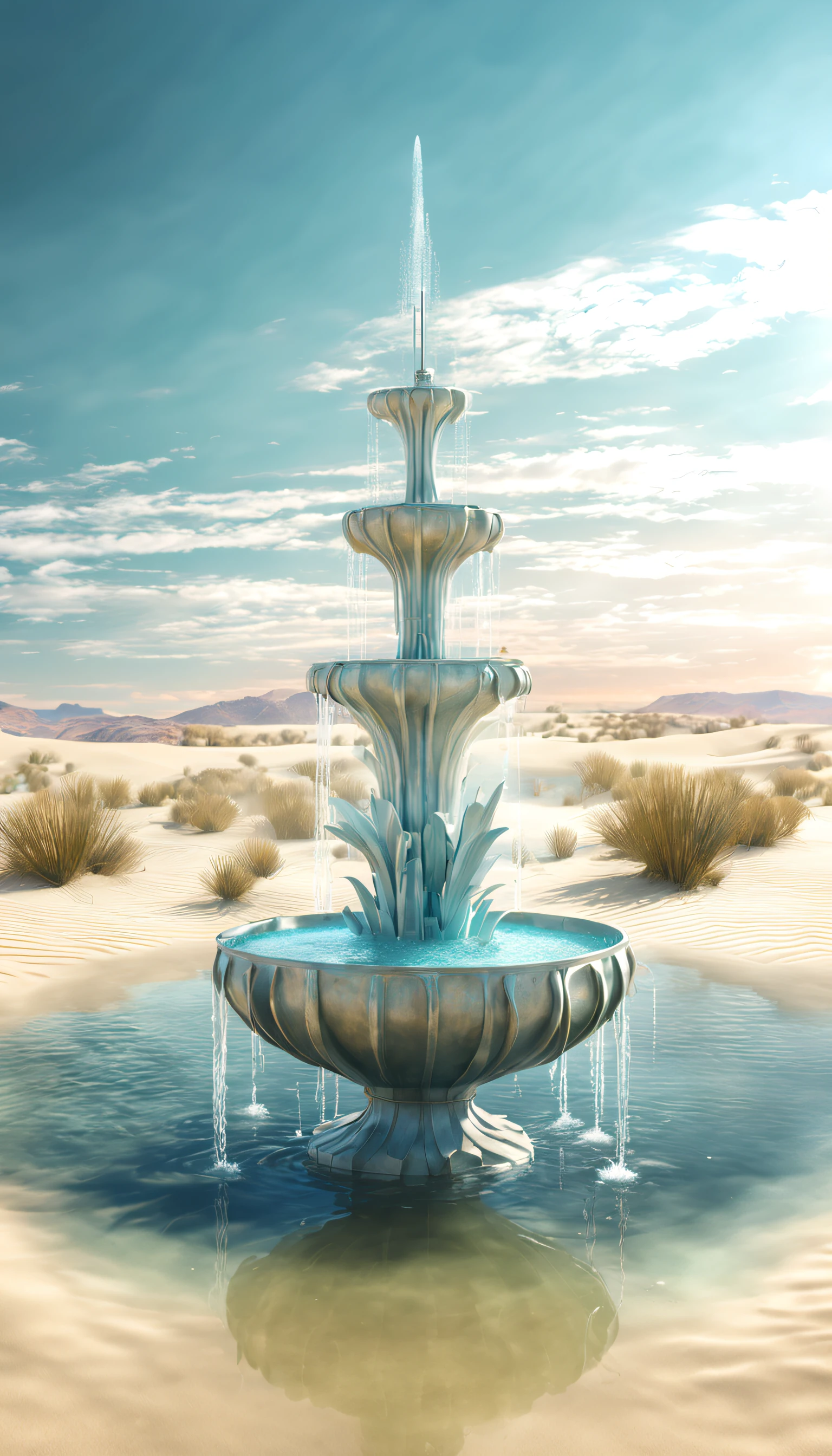 Surreales 3D-Rendering，Großer kybernetischer Wunschbrunnen in den Dünen, Kaktusförmiger Wasserhahn sprüht Wasser, Marschland，Spiegelung im Wasser，Ätherisch，Super-Fantasie