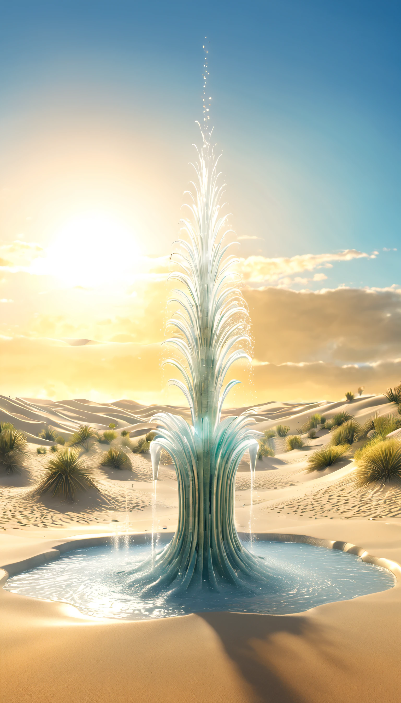 representación 3d surrealista，Gran fuente cibernética representada en las dunas., Grifo con forma de cactus rocía agua, rociado con agua，Marismas,etéreo，súper fantasía ，
Fondo con：dunas de arena desoladas，el sol poniente，pata de camello，