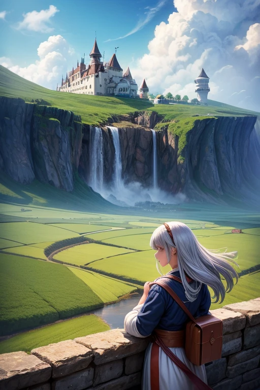 she's just a simple girl working on a farm. she lives in hard times., it's the dark ages. , crazy world, floating islands, cloud castle, (best quality:1.3), (highres:1), (detailed:1.3), (incredible:1.3), (perfect:1.3), (perfection:1.3), (volume cover art:0), (illustration:1.3), art by studio ghibli