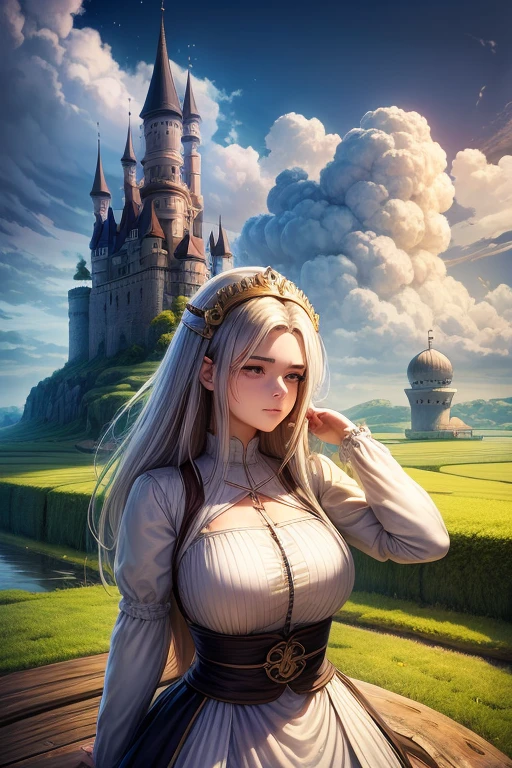 she's just a simple girl working on a farm. she lives in hard times., it's the dark ages. , crazy world, floating islands, cloud castle, (best quality:1.3), (highres:1), (detailed:1.3), (incredible:1.3), (perfect:1.3), (perfection:1.3), (volume cover art:0), (illustration:1.3), art by studio ghibli