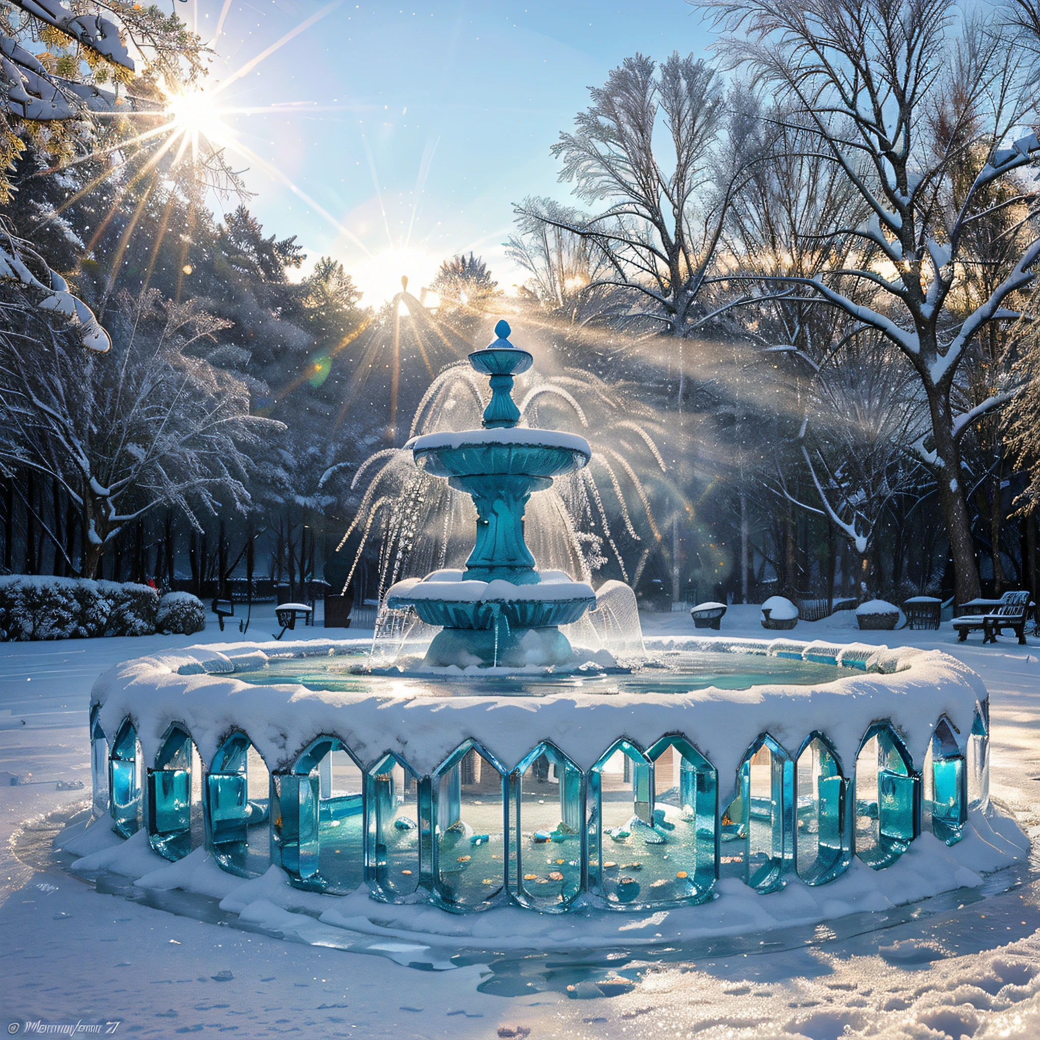 雪地公园里结冰的喷泉, 水变成了冰, 冰在明媚的阳光下闪耀, 太阳&#39;阳光在冰流中折射出美丽的色彩，投下神奇的彩色光斑, 喷泉周围的雪在闪烁, 杰作, 非常极其美丽, 迷人