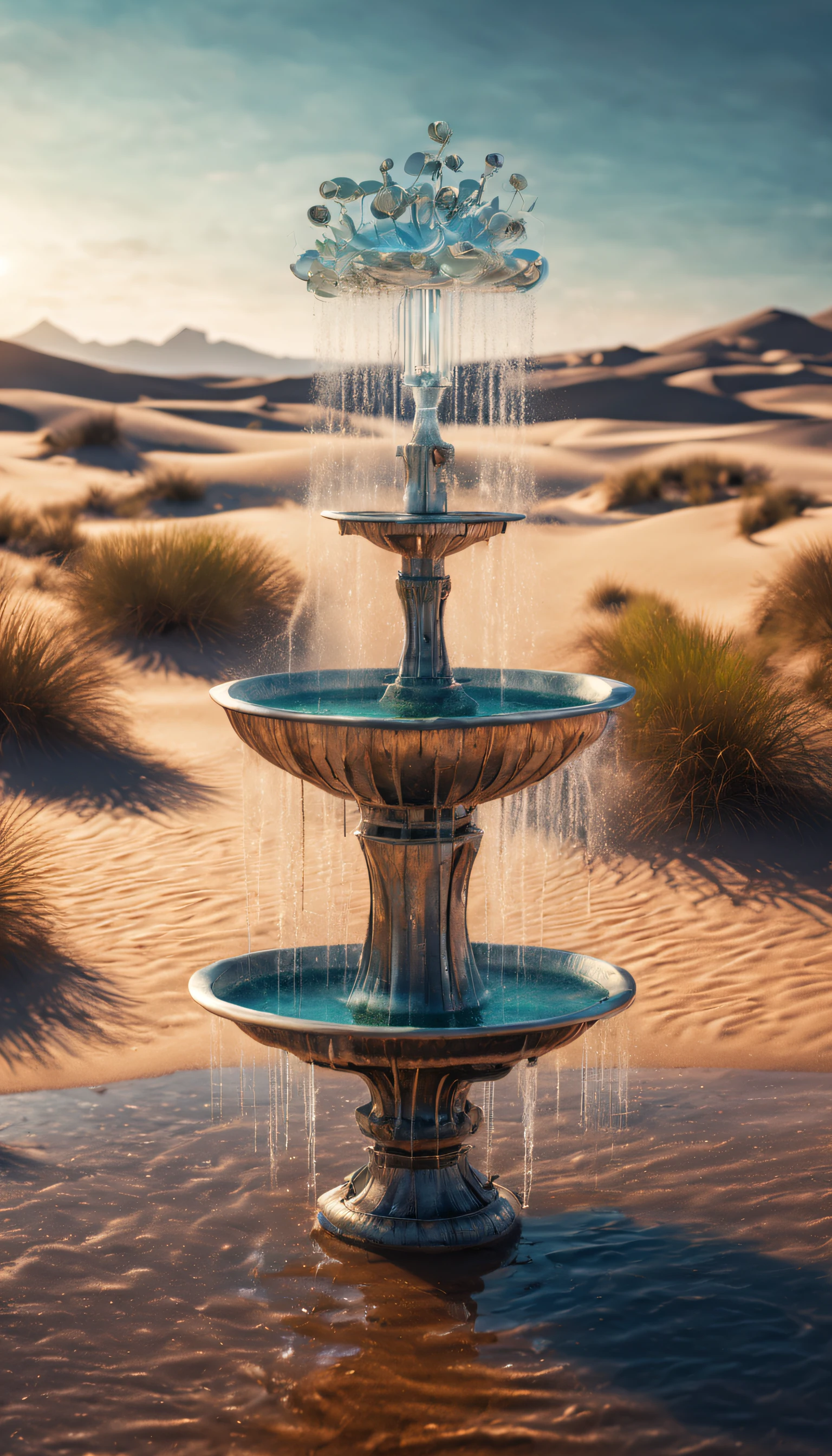 Surreales 3D-Rendering，Großer kybernetischer Wunschbrunnen in den Dünen, Ein Kaktus-förmiger Wasserhahn sprüht Wasser, Wasserspray，Spiegelung im Wasser，Ätherisch，Super-Fantasie