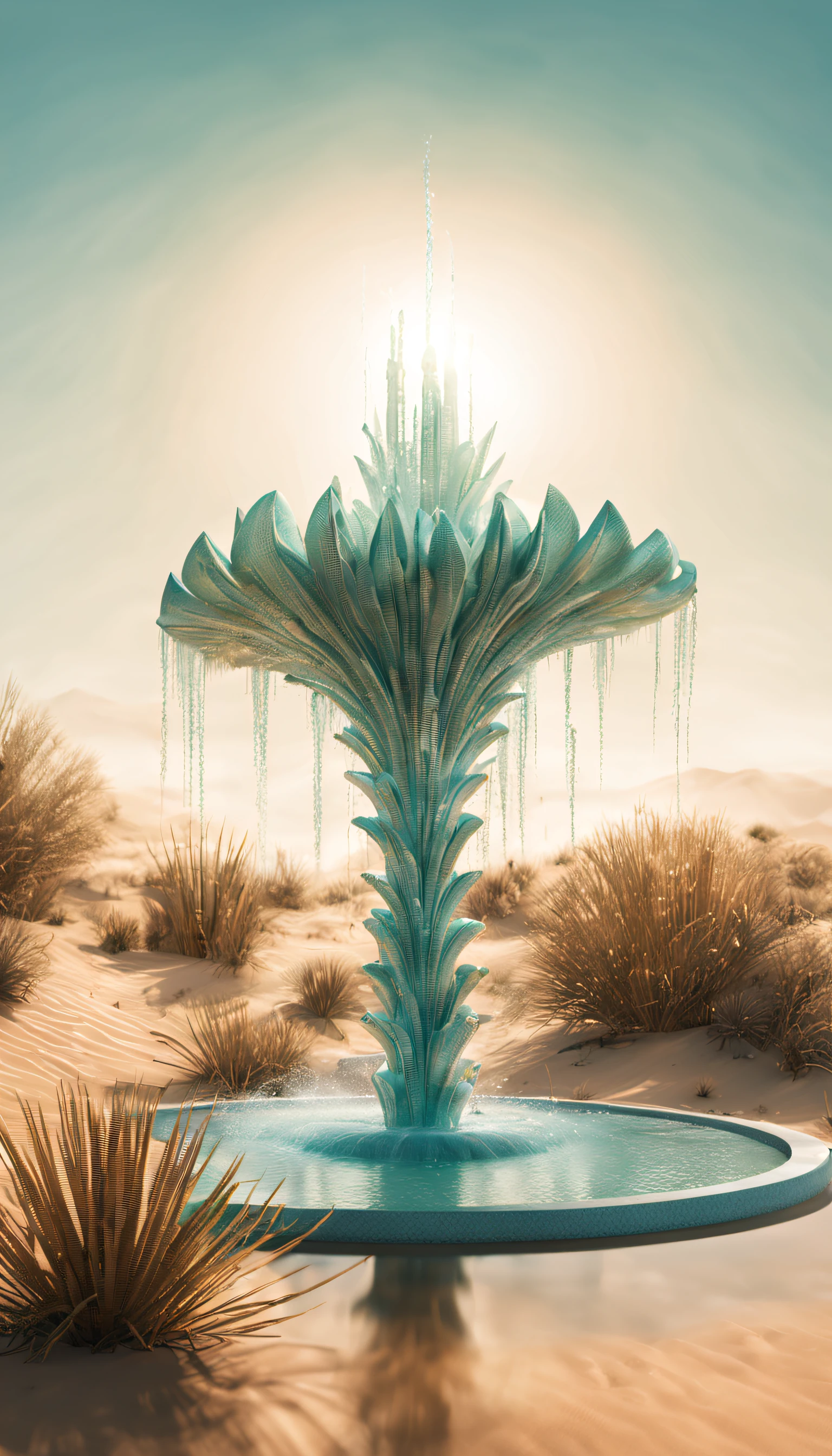 Surreal 3D rendering，Large cybernetic wishing fountain depicted in the dunes, Cactus shaped faucet sprays water, water spray，Reflection in the water，Ethereal，Super fantasy
