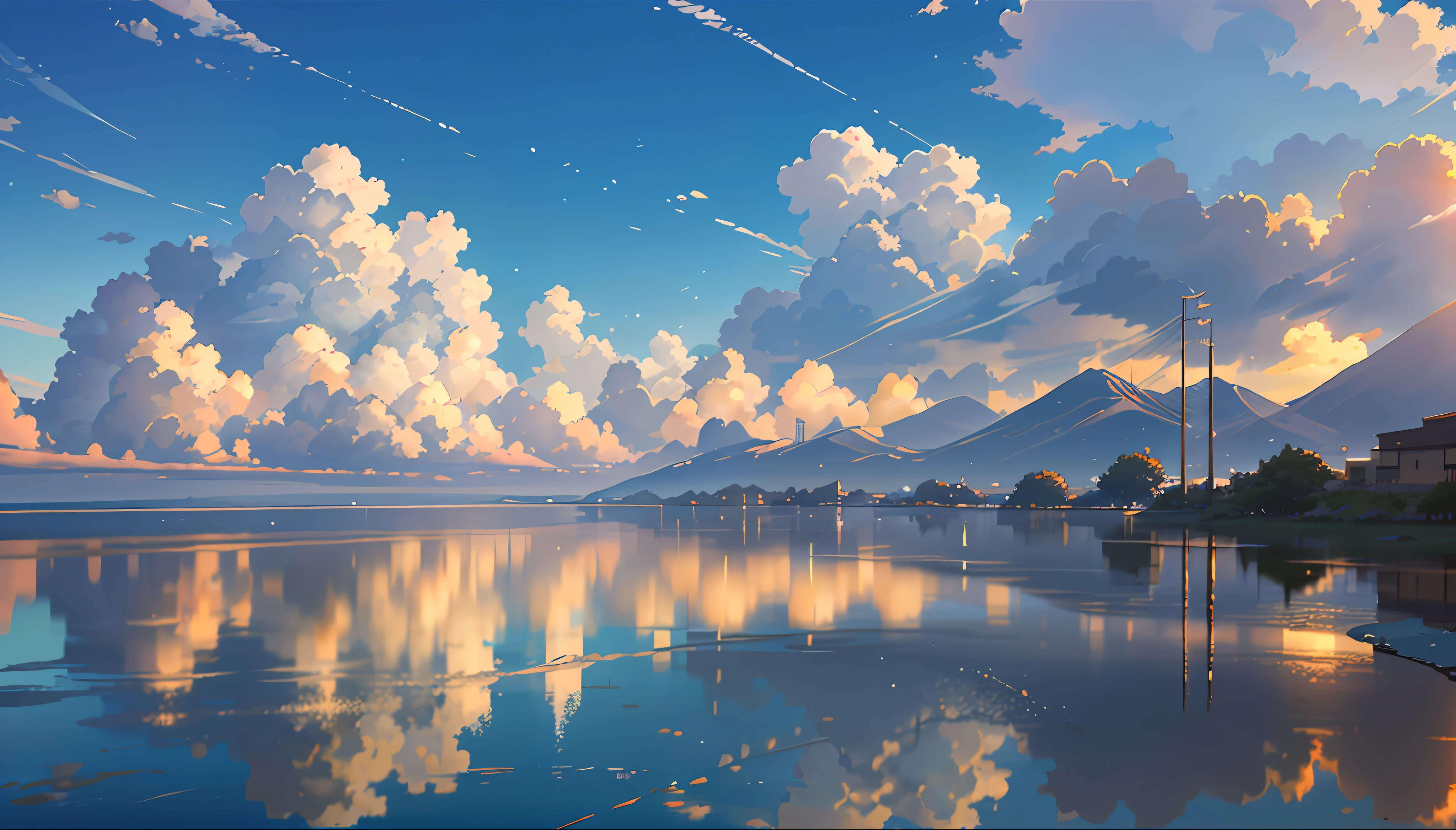 Anime scenery of a lake with a mountain in the background - SeaArt AI