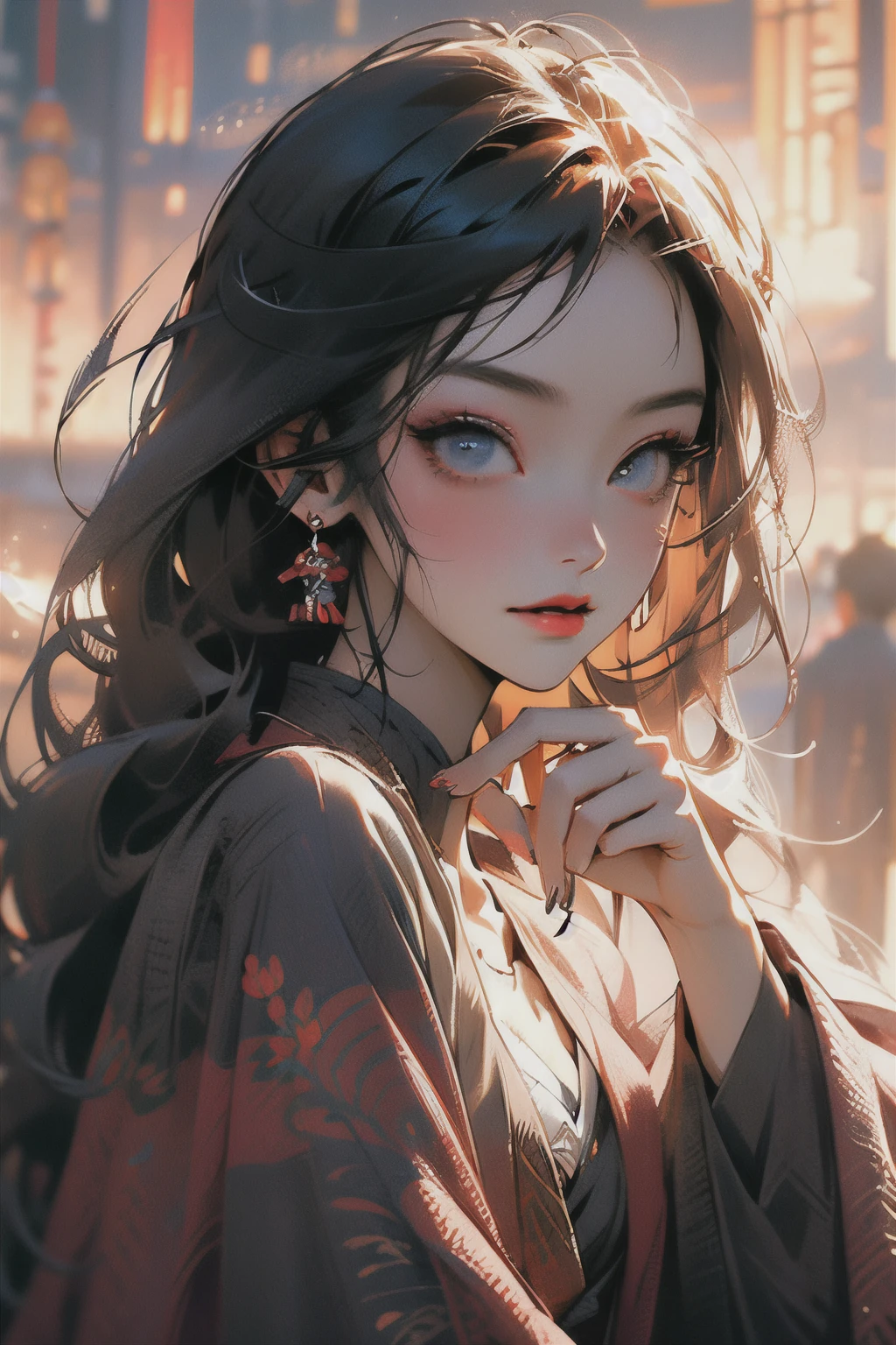 ((best quality)), ((masterpiece)), (detailed), Perfect face. 1 Anime girl,Raiden shogun, character \(series\) , Midjourney style, Blue eyes, Red hairs, Black dress in a night party