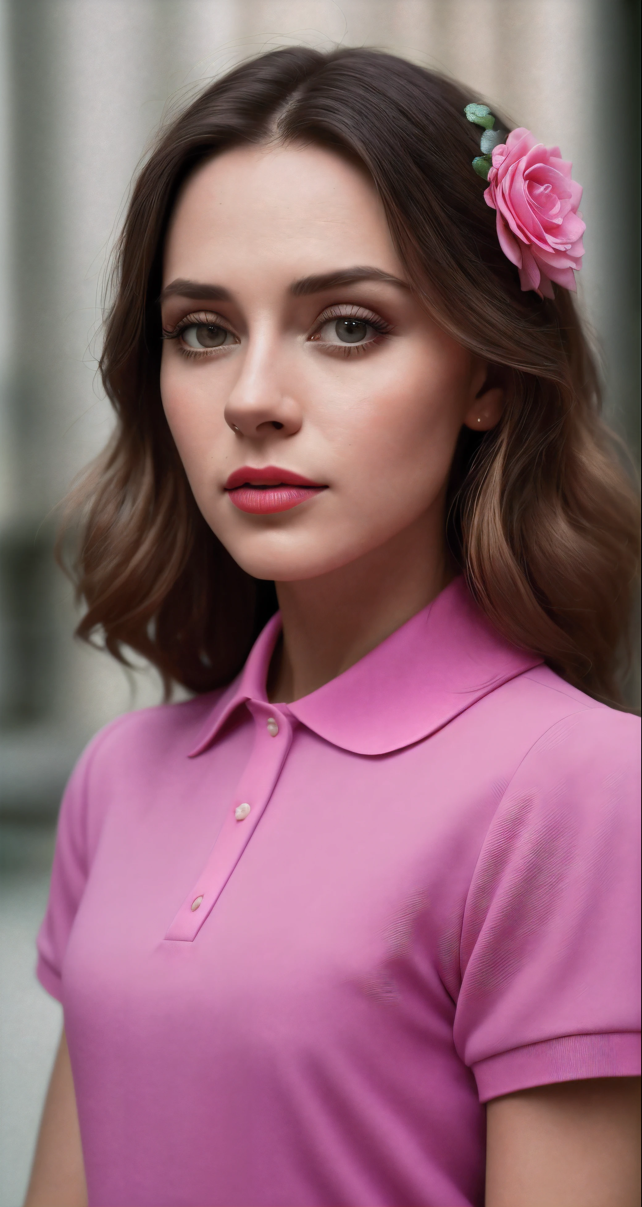 tiktok photo of 37 years old woman, closeup, RAW, masterpiece, realistic, hyper realistic, muted color, film grain, 
looking at viewer, polo's pastel perfection looking 80s casual soft collars, fascinating, 
wearing Magenta dress flower,