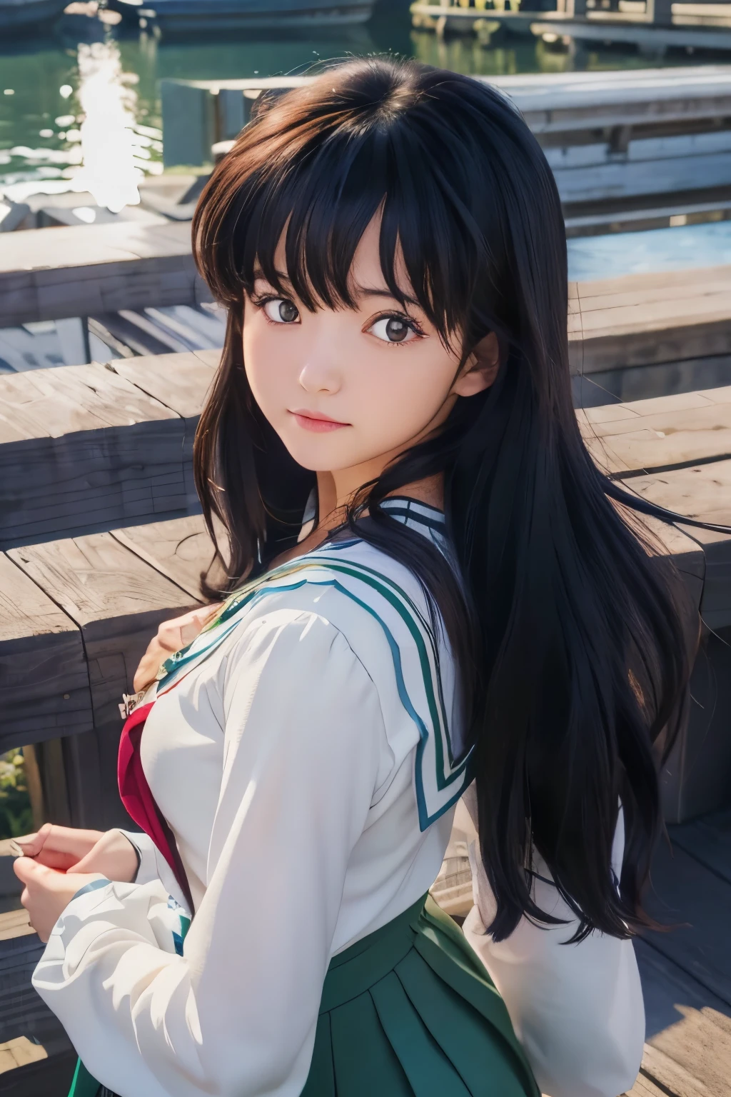 top-quality, 8K, ultra-detailliert, Photorealsitic, masuter piece, Best Quality, 超A high resolution, top-quality, Anime style, The best lighting, Beautiful face, 1girl in, Kagome Higurashi, Brown-eyed, Face Focus, Photorealsitic, (hyper realisitic:1.2), perfect  eyes, face perfect, Perfect litthing, plein air, 校服, city scenery, Japan Faces, sixteen years old