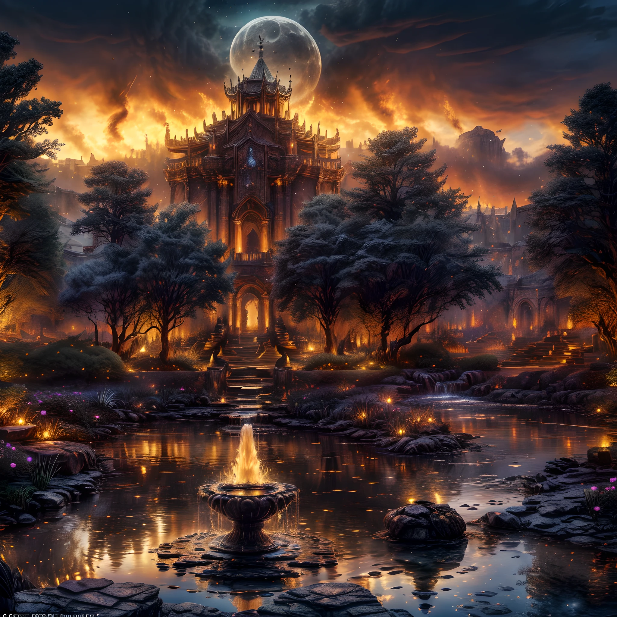 Fantasy art, RPG art, there is an epic sized magical water fountain in an elven city town square, it has magical runes in the basin of the fountain, many rivulets of water entwined in fire, faize, the fire is combined with the water streams, its night time, moon is rising, photorealistic, 16k, RAW, award winning, (best detailed: 1.5), masterpiece, best quality, (ultra detailed), full body, ultra wide shot