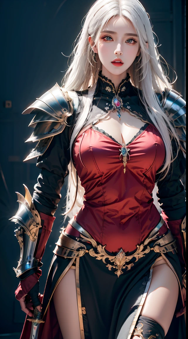 realisticlying, A high resolution, a 1 woman, shiny skins, Alone, jewely, redish pink lips, Long white hair, eBlue eyes, Keep your mouth shut, hip-up, Fantasy armor, holding a sword, Wearing heavy armor