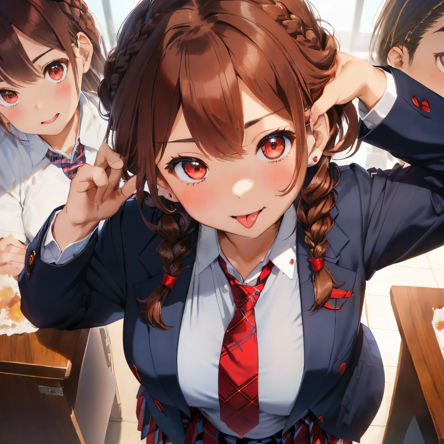 fluffy hair,((brown haired)),(Braided shorthair),Slightly red tide,((Navy blue blazer and plaid pleated skirt)),(High school students),((Red tie)),Kamimei,Looking at me with a smile,((Perspective from above)),(close up of face),(Open your mouth and show your tongue),(涎),Cute pose with hand on the side of the face