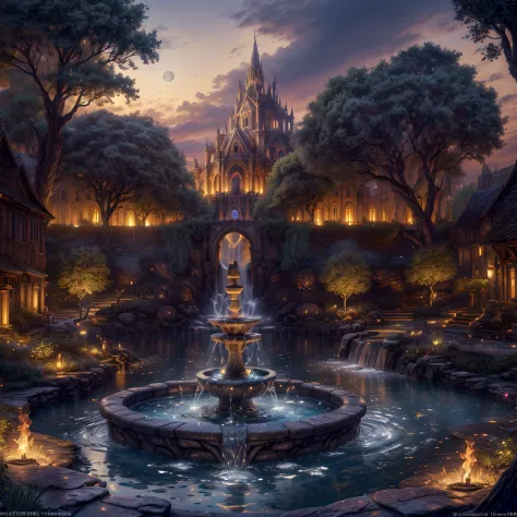 Fantasy art, RPG art, there is an epic sized magical water fountain in an elven city town square, it has magical runes in the ba...