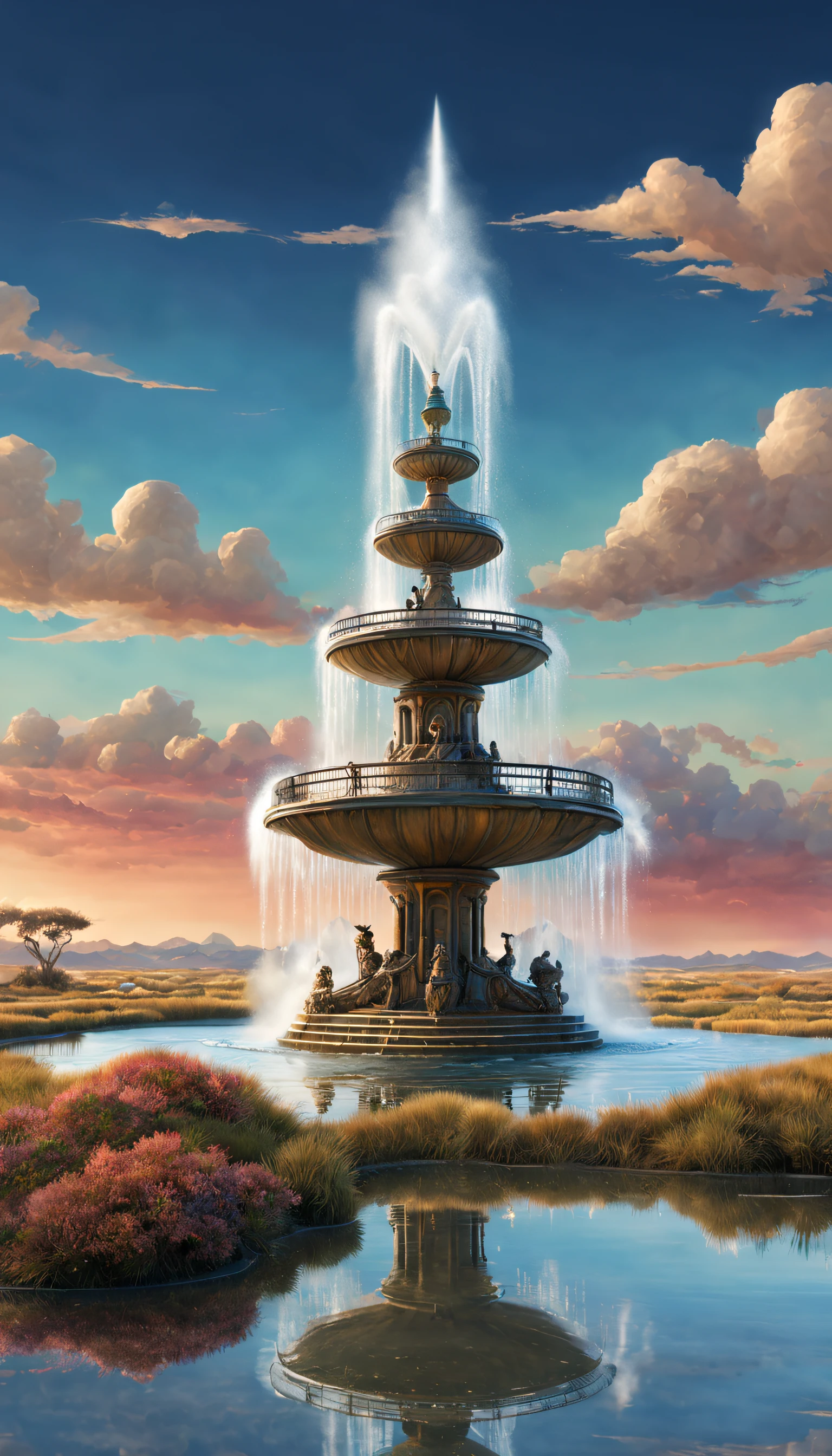 sci-fy, Semi-mechanical fountain sprays out huge amounts of water，（sand dune），The fountain，Marshlands，Reflection in the water， Complex structure,,punky style，gerald bloom style