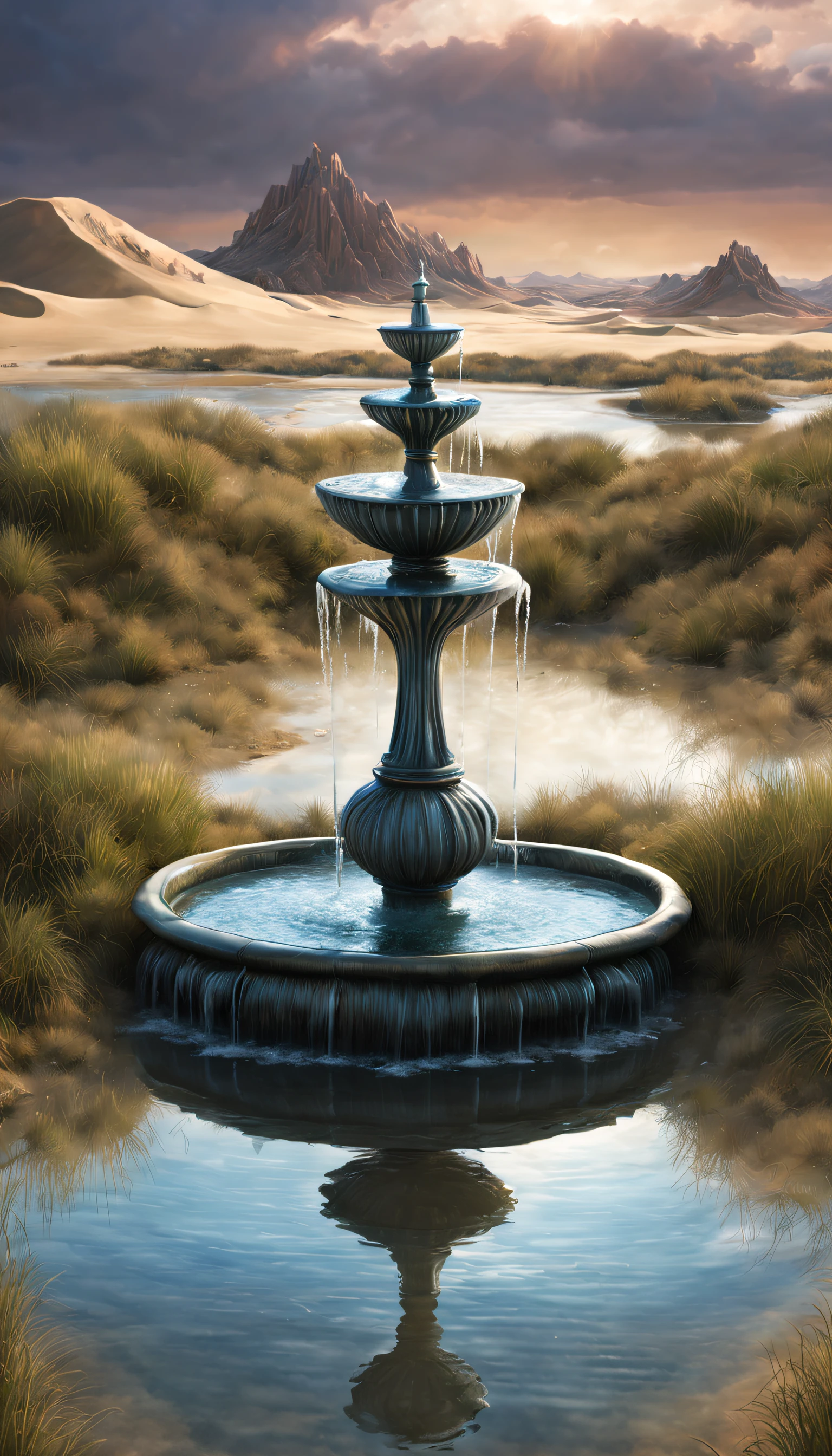 Science-Fiction, Halbmechanischer Brunnen verspritzt riesige Wassermengen，（Sanddüne），Der Brunnen，Marschland，Spiegelung im Wasser， Komplexe Struktur,,punkiger Stil，Gerald Bloom-Stil