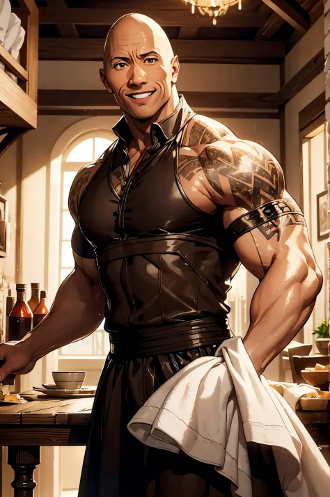 one bald dwayne johnson smiling, dressed in a fantasy innkeeper dress, expressive smile, located in a fantasy inn, very detailed...