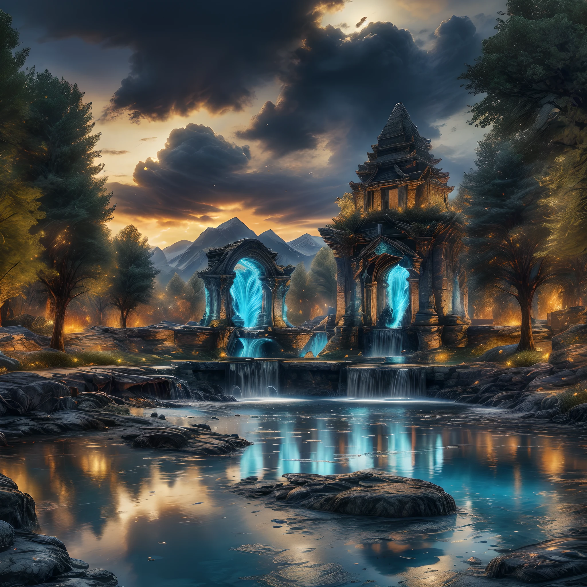 Fantasy art, RPG art, there is an epic sized magical water fountain in an elven city town square, it has magical runes gl0w1ngR in the basin of the fountain, many rivulets of water entwined in fire, faize, the fire is combined with the water streams, its night time, moon is rising, photorealistic, 16k, RAW, award winning, (best detailed: 1.5), masterpiece, best quality, (ultra detailed), full body, ultra wide shot