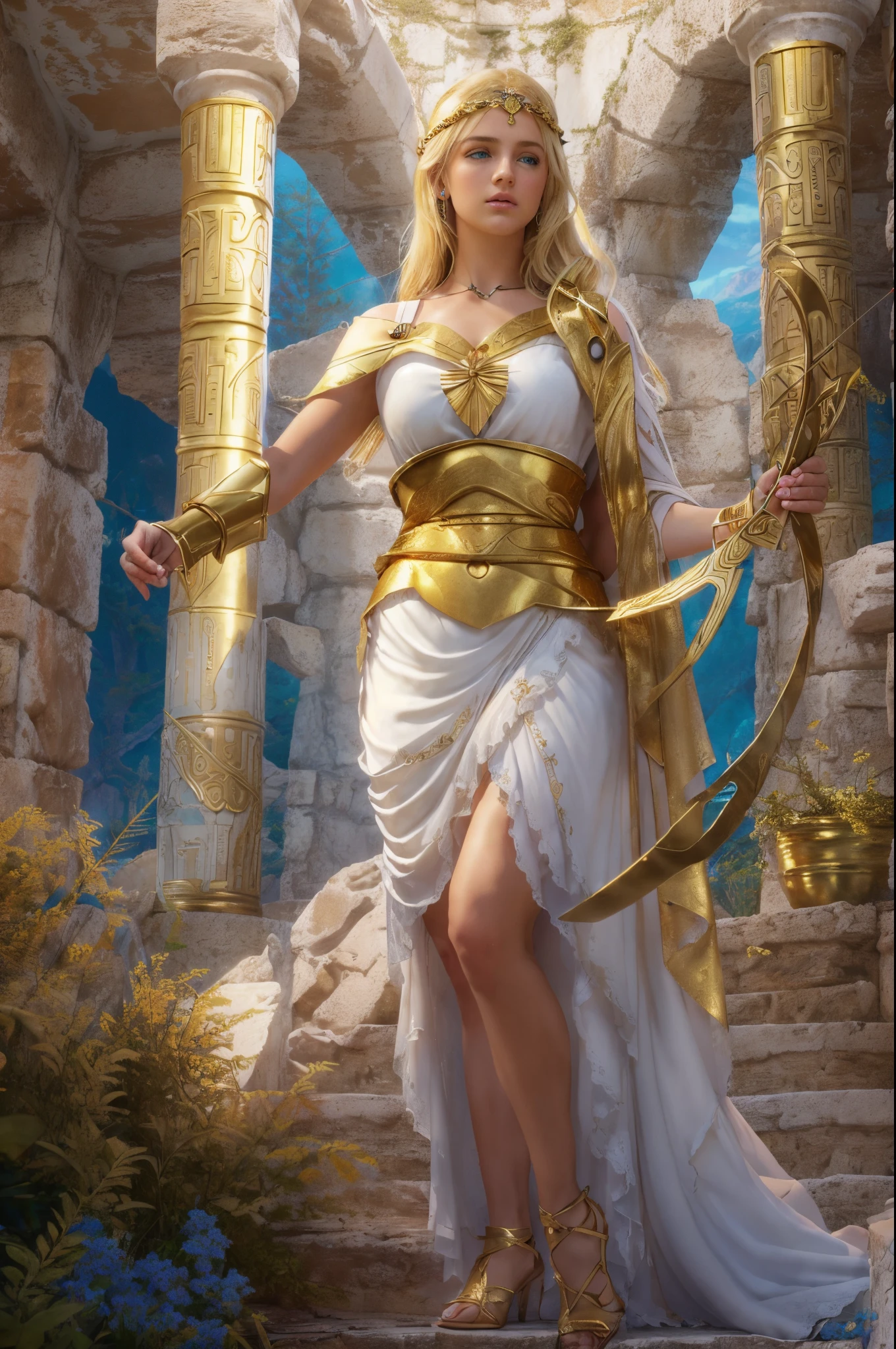 Young virgin greek goddess of wild nature and hunting, with (((Blonde hair))) and (((Blue eyes))), has amazingly and stunningly beautiful appearance, is fair-skinned, slender and tall, Shows off her perfect pair of long legs, wears {sleeveless, (Very short: 1.7), (white:1.5), Greek chitons, With golden border}, Abs, "Looks strict and determined", Holding a ((Golden bow)), archery, Patroling to protect her sanctuary from evil, Mythical Arcadian mountains and forests, Greek mythology, vibrant and lively atmosphere, Photorealistic, Mythic fantasy, Hyper-Realism, ultra-quality, Super Detail, ultra accurate description of hands, masterpiece, 8K, HDR