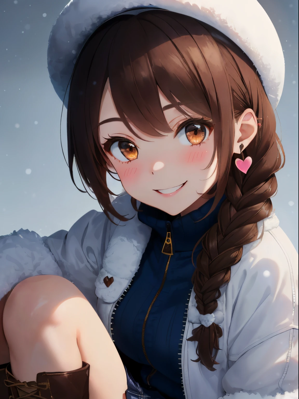 fluffy hair,((brown haired)),(Braided shorthair),Slightly red tide,((Brown eyes)),(white fluffy winter clothes),((black blouson jacket)),(dark blue skirt with check pattern),((Long knee-length boots)),((White hat made of fluffy material)),kindly smile,(Hearts are flying),Dating atmosphere,((close up of face))