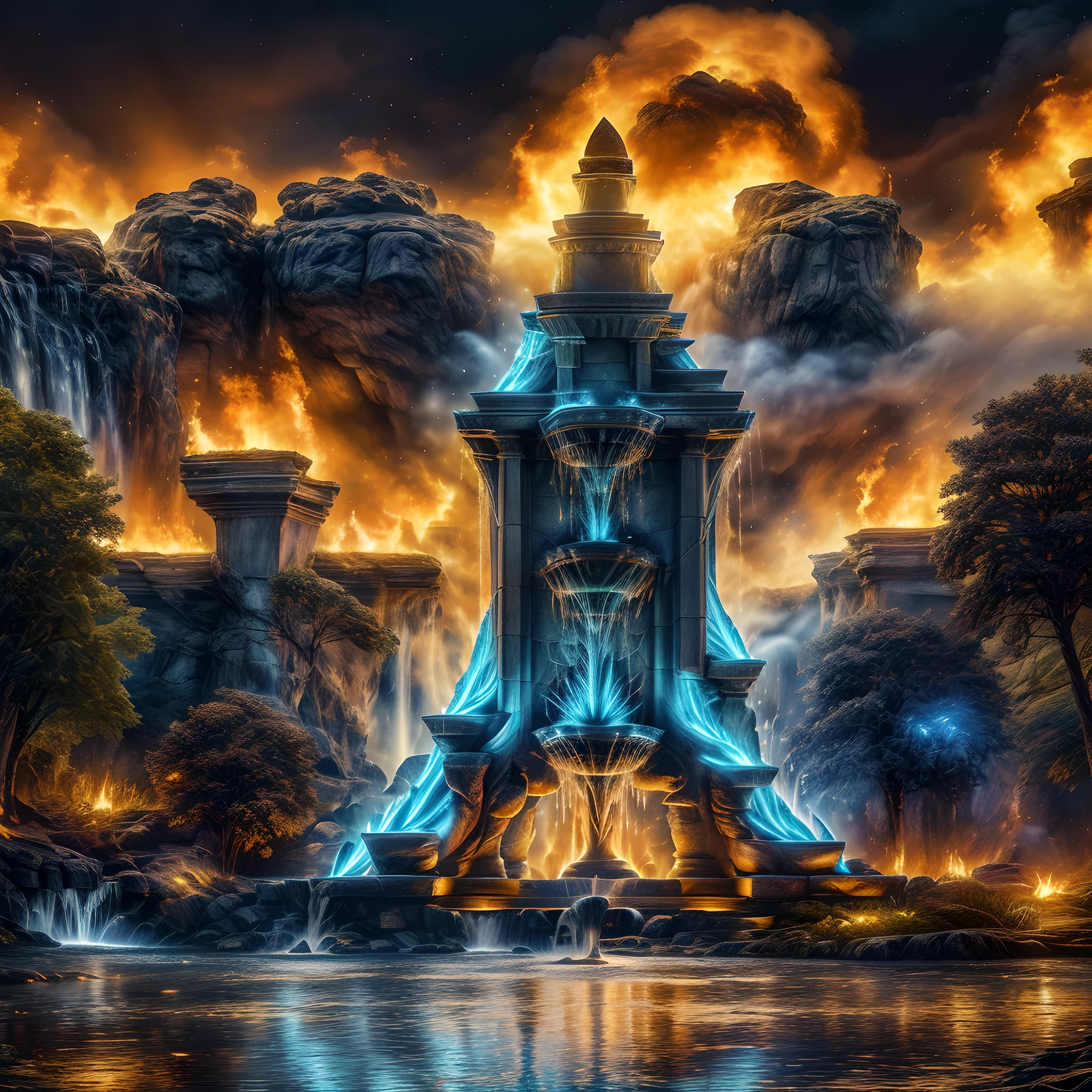 Fantasy art, RPG art, there is an epic sized magical (water fountain: 1.3) in an elven city town square, it has magical runes gl0w1ngR in the basin of the fountain, many rivulets of water entwined in (fire: 1.2), faize, the fire is combined with the water streams, its night time, moon is rising, photorealistic, 16k, RAW, award winning, (best detailed: 1.5), masterpiece, best quality, (ultra detailed), full body, ultra wide shot