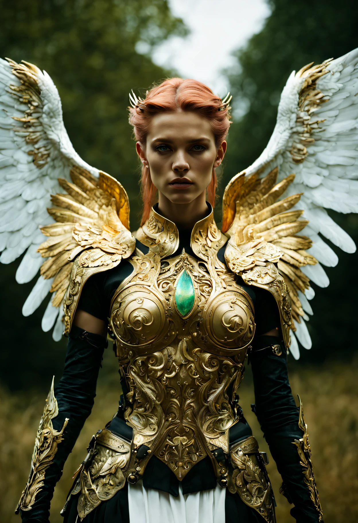 (wide angle),(Aetherpunk style:1.4),8k , ultra quality ,nature, pagan imagery, intricate detailed, beautiful valkyrie ,gold detailed holy gorgeous armor, intricate detailed wide angelic wings on her back,spreading angelic wings wide,utopia,magic,detailed,mages,outdoors,amazing scenery,(highly detailed:1.2),(ultra realism:1.2), realistic, detailed, textured, skin, (platinum white hair, green eyes), by Alex Huguet, Mike Hill, Ian Spriggs, JaeCheol Park, Marek Denko ,detailmaster2,more detail XL,(half body image)