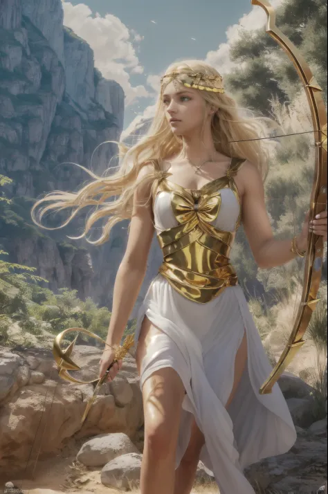 young virgin greek goddess of wild nature and hunting, with (((blonde hair))) and (((blue eyes))), has amazingly and stunningly ...