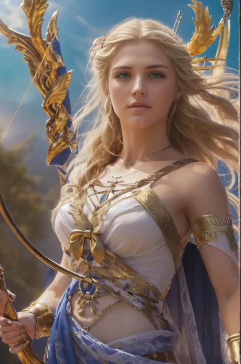 young virgin greek goddess of wild nature and hunting, with (((blonde hair))) and (((blue eyes))), has amazingly and stunningly ...