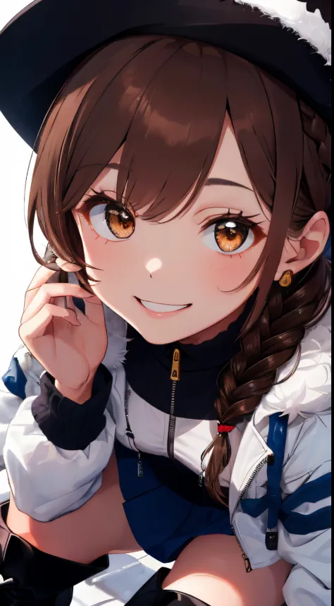 fluffy hair,((brown haired)),(Braided shorthair),Slightly red tide,((Brown eyes)),(white fluffy winter clothes),((black blouson ...