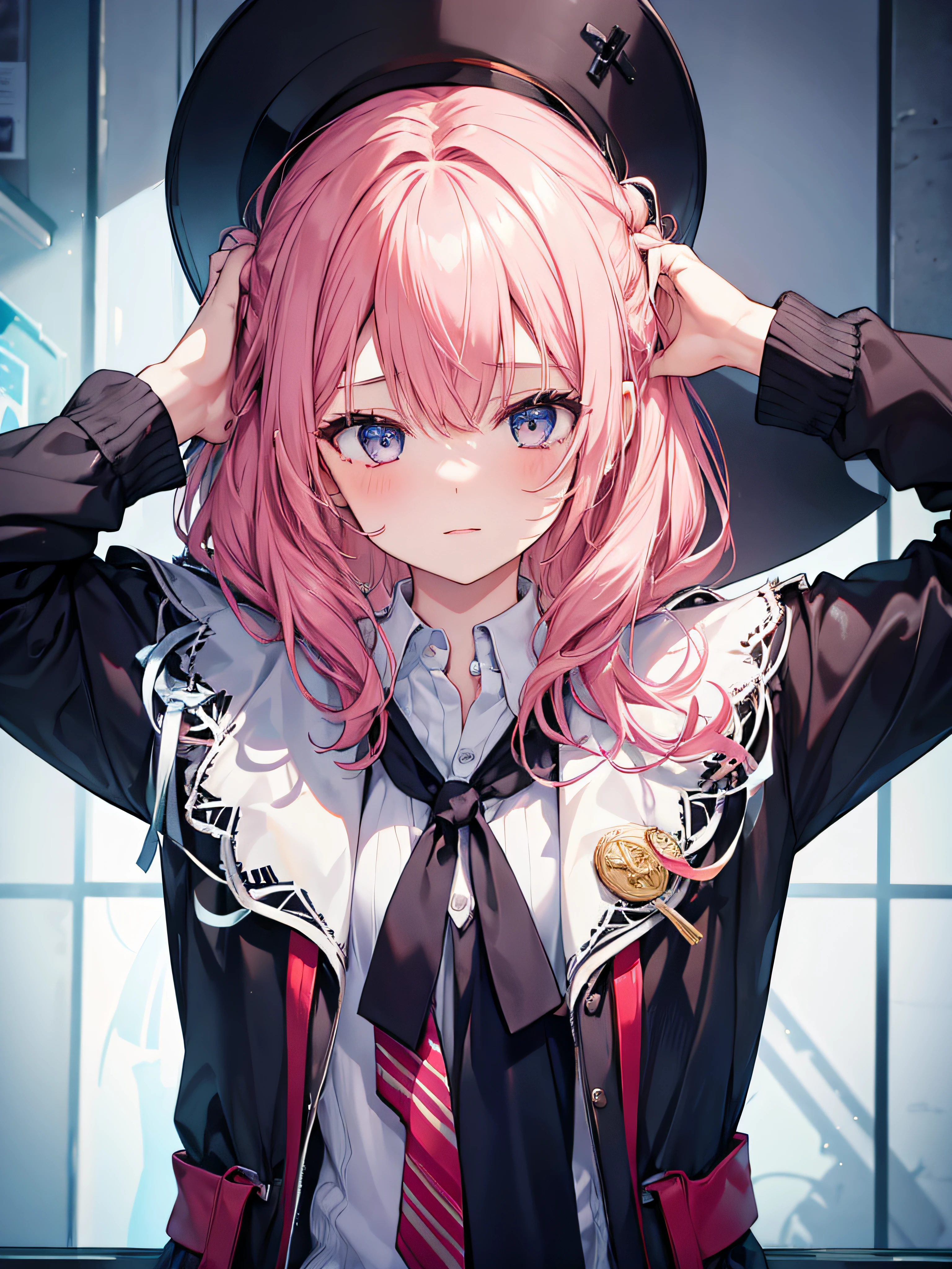 Anime girl with pink hair and a black hat and tie - SeaArt AI