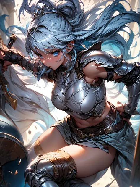 Absurdres ,1 girl,Serious,Silver hair,woman worrier ,Wolf ears,Blue eyes,Abs,muscular,Warrior Princess in Armor,
metallic armor ...