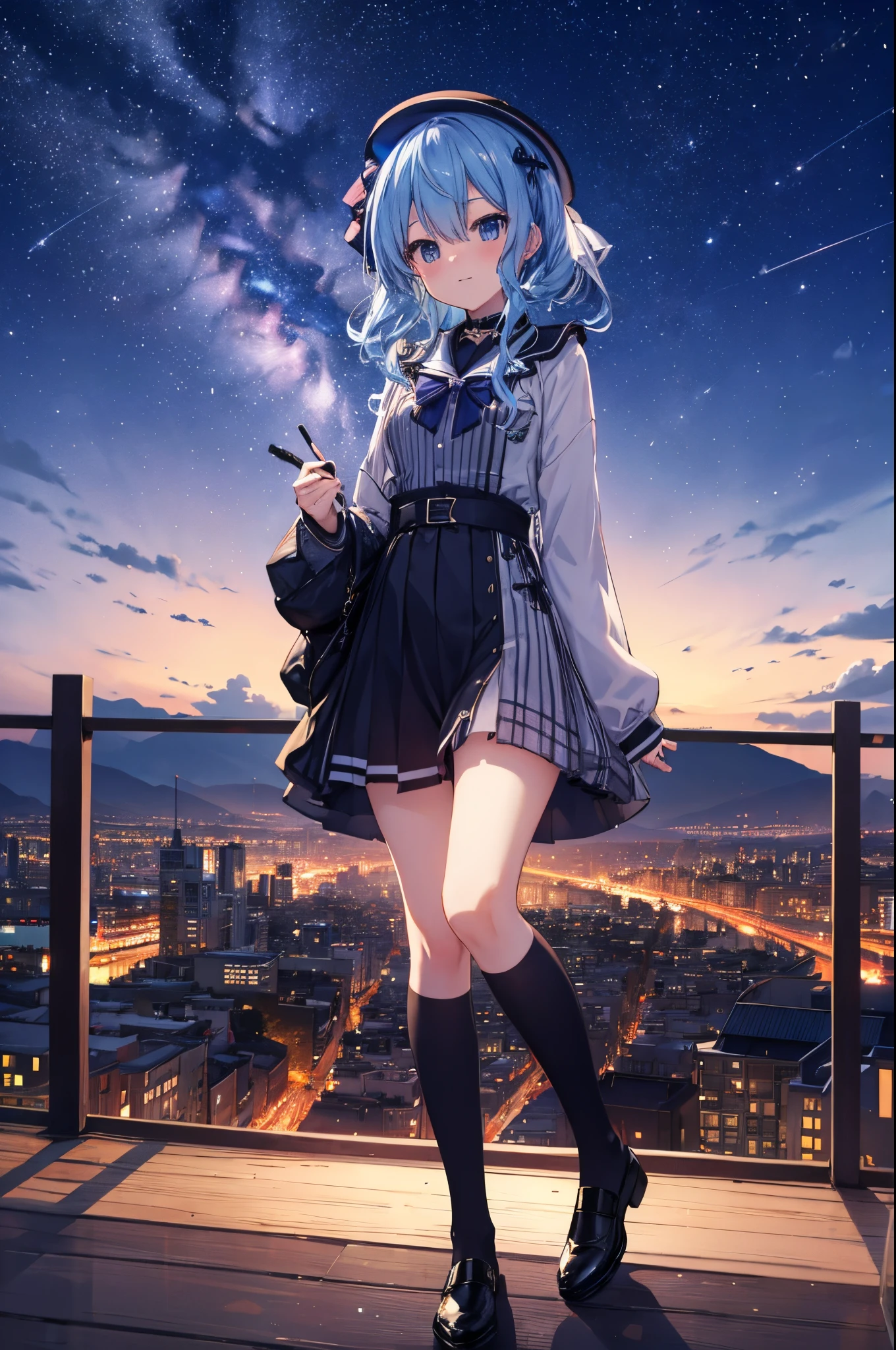 Hoshimachi Suisei, Hololive, Reife, lässiges dunkles Outfit, Sterne zaubern in der Mitte der Stadt um Mitternacht, Panorama, Landschaft