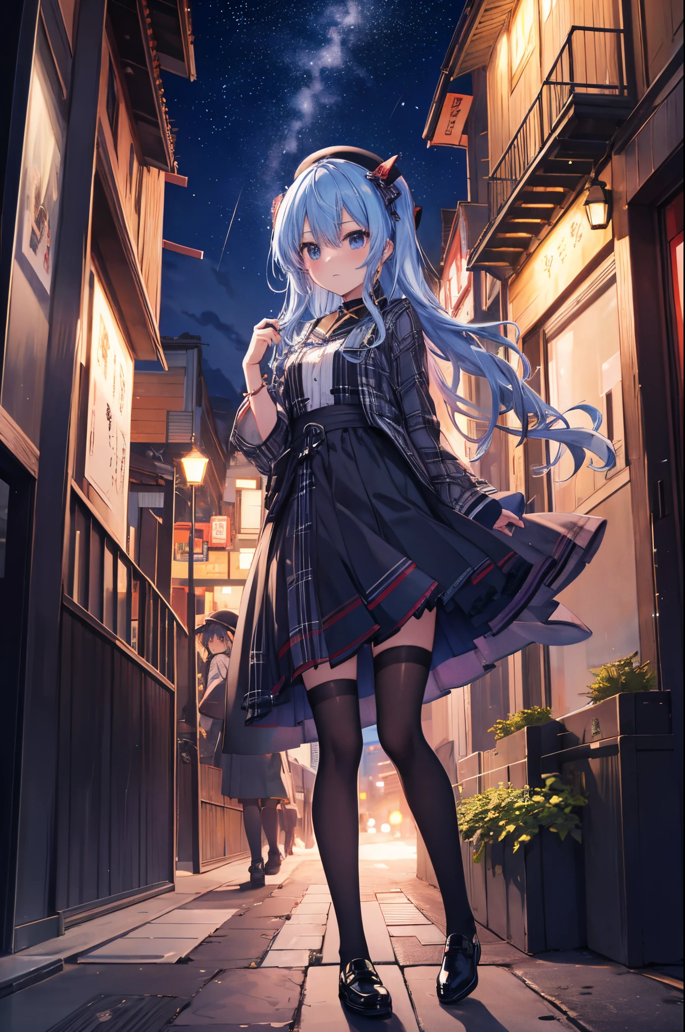 Hoshimachi Suisei, Hololive, matur, casual dark outfit, casting stars magic in middle of town on midnight, panorama, landscape