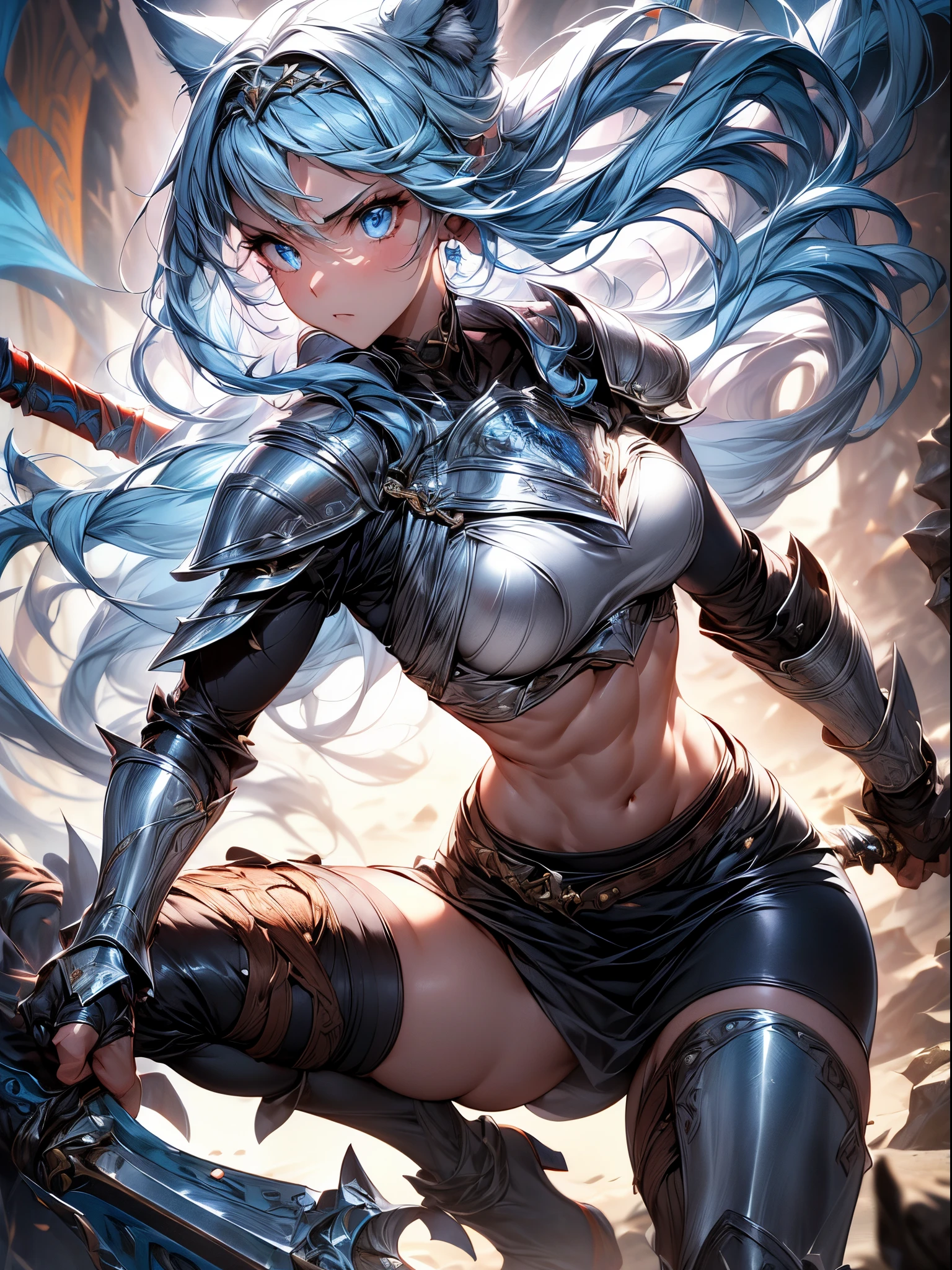 Absurdres ,1 girl,Serious,Silver hair,woman worrier ,Wolf ears,Blue eyes,Abs,muscular,Warrior Princess in Armor,
metallic armor with a breastplate,Leather skirt, leggings, and knee-high boots,Large battle axe and shield,
Crown,BREAK,(assaulting pose,cinematic angle:1.3),;from below:1.2),best quality,insanely detailed,Hyper realistic, Perfect Anatomy,perfect 5 fingers,vibrant colors,amazing,super fine illustration