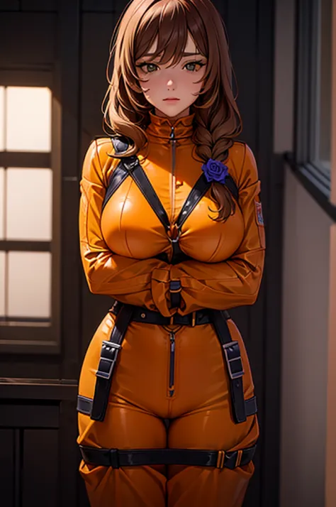 lisa, orange jumpsuit, folded arms, fidden hands, hidden fingers, harness bondage, straps {belt}, prison cell,
