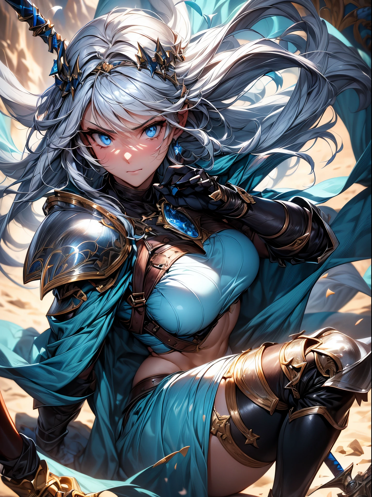 Absurdres ,1 girl,Serious,Silver hair,woman worrier ,Wolf ears,Blue eyes,Abs,muscular,Warrior Princess in Armor,
metallic armor with a breastplate,Leather skirt, leggings, and knee-high boots,Large battle axe and shield,
Crown,BREAK,(assaulting pose,cinematic angle:1.3),(from above:1.2),best quality,insanely detailed,Hyper realistic, Perfect Anatomy,perfect 5 fingers,vibrant colors,amazing,super fine illustration