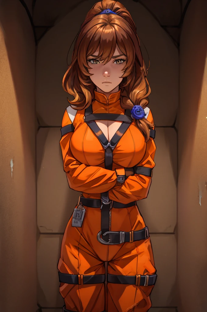 lisa, xtremely detailed , orange jumpsuit, folded arms, fidden hands, hidden fingers, harness bondage, straps {belt}, prison cell,