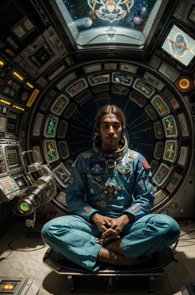 a man in a spacesuit sitting in lotus position with marijuana leaf, psychonaut universe, esoteric clothing, high - tech space cult, dmt space behind, galactic dmt entity, aztec astronaut, psychedelic organic cyborg, detailed astronaut, an astronaut giving a peace sign, psychedelic dmt, zen méditation cyberpunk, psychedelic therapy, a cyborg meditating