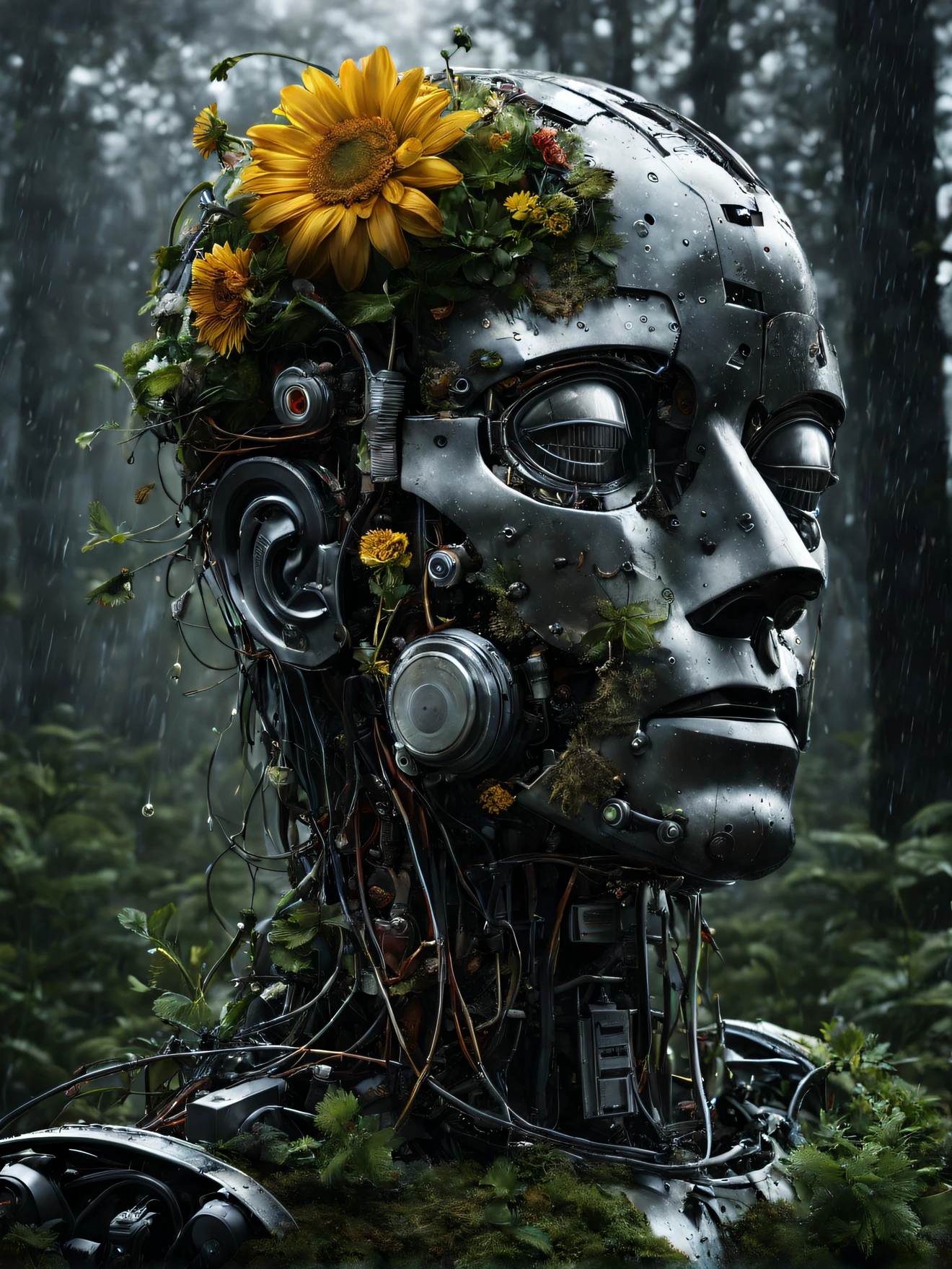 photo of a decayed male robot 45 degrees side view, with the top half of his head cut off, no brain, instead filled with wires, circuits, short plants and flowers, half of body is melted into the ground, eyes closed, wet with rain, masterpiece, high res, intricate, professional, photorealistic, dark forest background