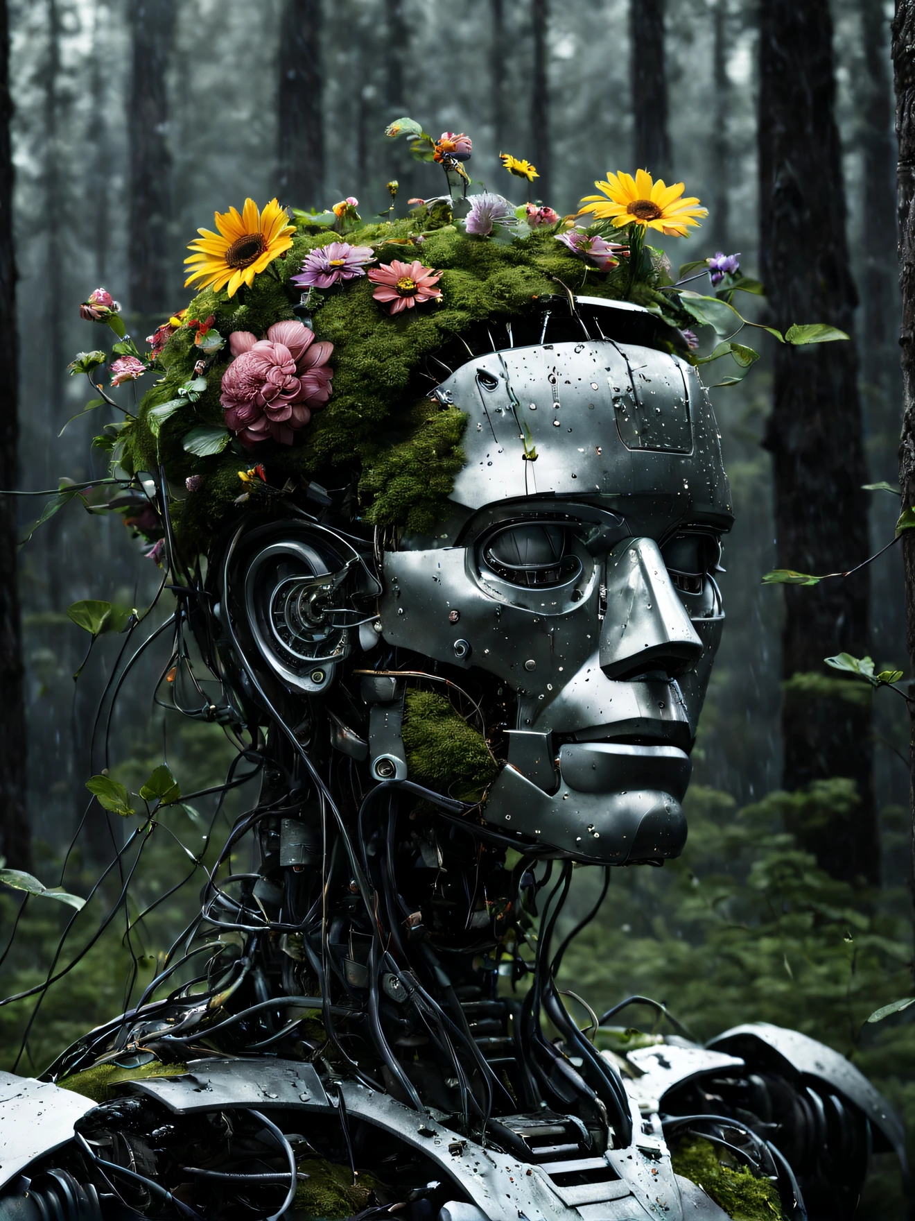 腐爛的男性機器人45度側視圖照片, 頭的上半部被砍掉, 沒腦, 而是用電線填充, 電路, 矮小的植物和花朵, 身體的一半已經融入地面, 閉著眼睛, 被雨水淋濕, 傑作, 高解析度, 錯綜複雜, 專業的, 逼真的, 黑暗森林背景