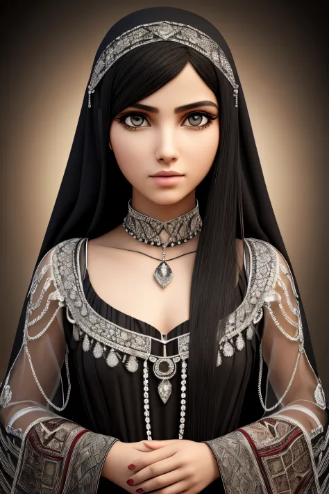 ancient Palestinian girl in a transparent dress hyperrealism, vampire in the frame, an extremely beautiful girl,black hair, larg...