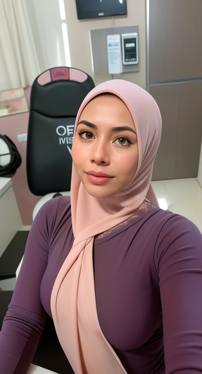 A woman in a pink hijab sitting at a desk - SeaArt AI