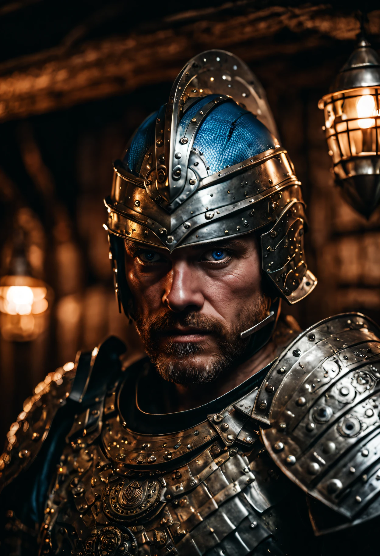 RAW photo, portrait of a 30 year old warrior, wearing shiny metal armor, full sharp, detailed face, blue eyes, (high detailed skin:1.2), 8k uhd, dslr, soft lighting, high quality, film grain, Fujifilm XT3
he is standing in a dim lit dark tavern, chiaroscuro style