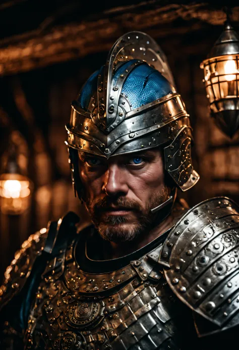 RAW photo, portrait of a 30 year old warrior, wearing shiny metal armor, full sharp, detailed face, blue eyes, (high detailed sk...