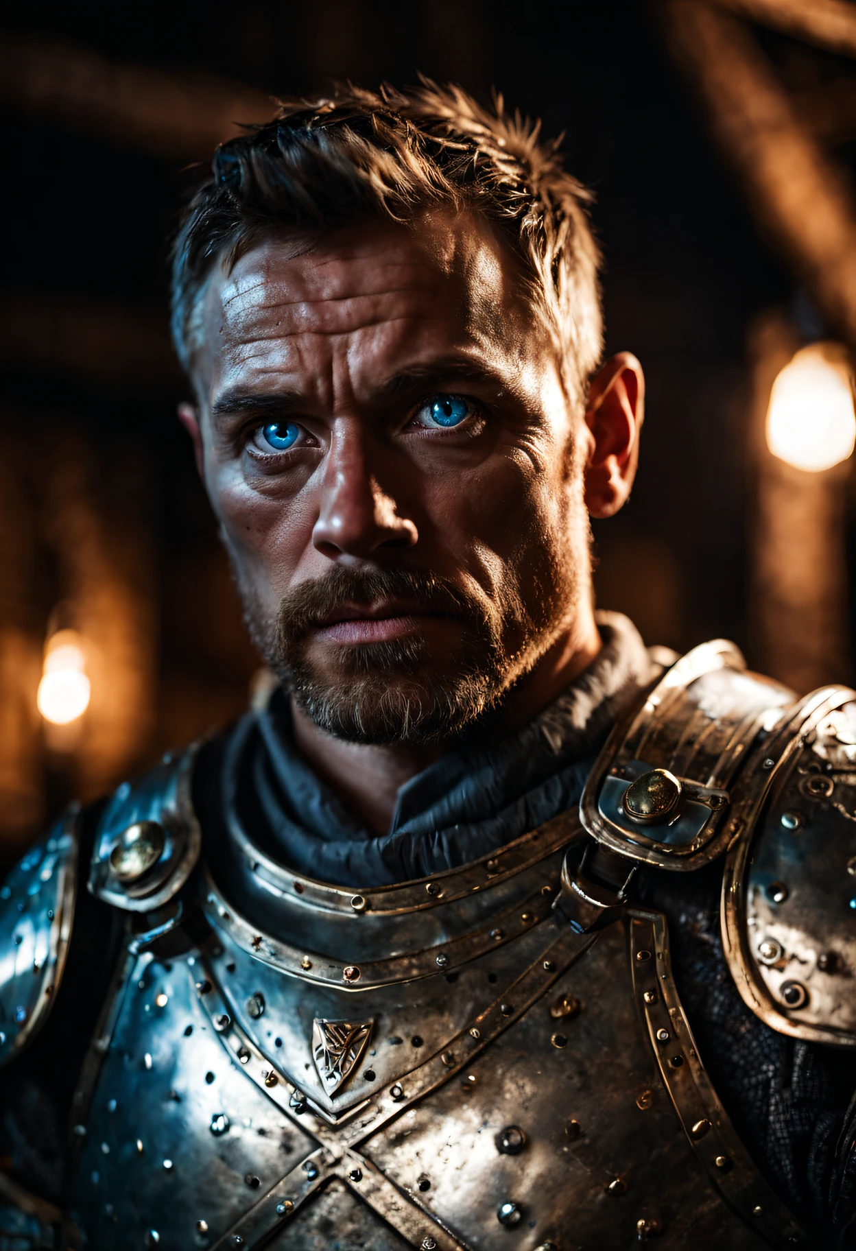 RAW photo, portrait of a 30 year old warrior, wearing shiny metal armor, full sharp, detailed face, blue eyes, (high detailed skin:1.2), 8k uhd, dslr, soft lighting, high quality, film grain, Fujifilm XT3
he is standing in a dim lit dark tavern, chiaroscuro style