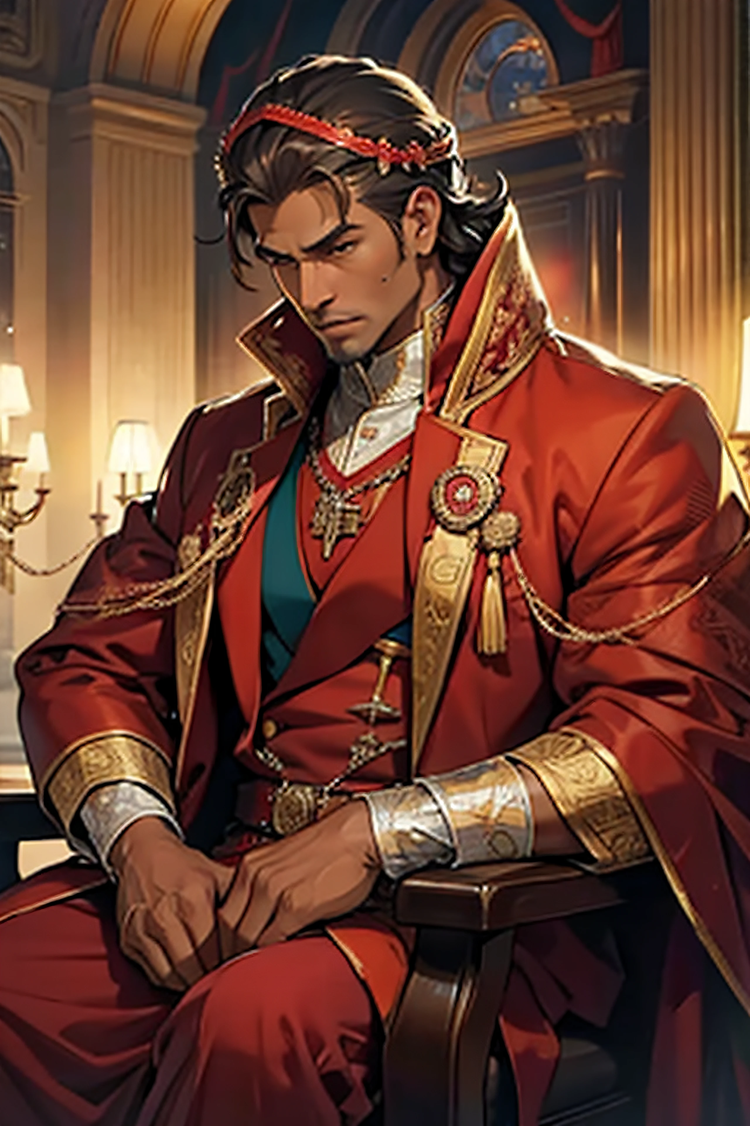 (best quality,realistic),a middle-aged BROWN-SKINNED KING, wearing elegant red clothing, humble crown, mature, focused, strong, muscular face prom