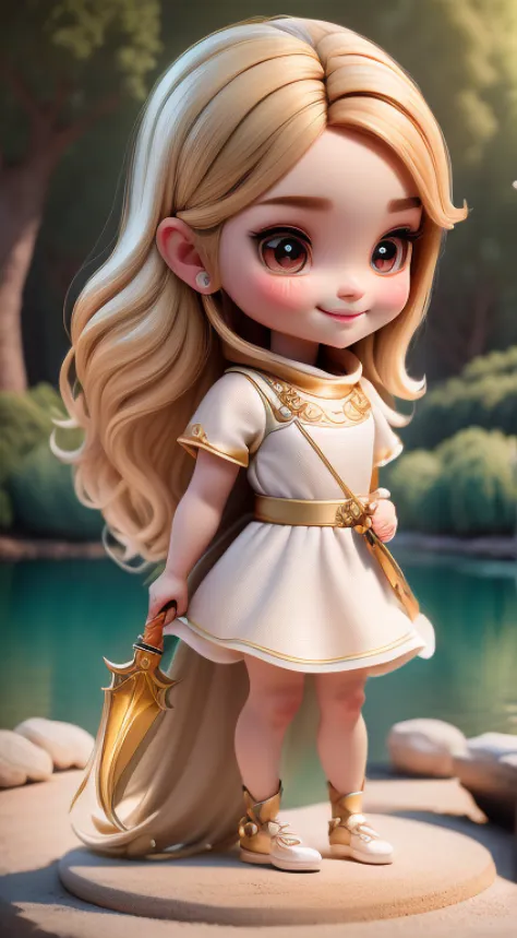 chibi1 white girl:5, Cute smile, came out of the lake((Full body))) ,Realistic Shadows, Sparkling eyes, Detailed skin, Slightly ...