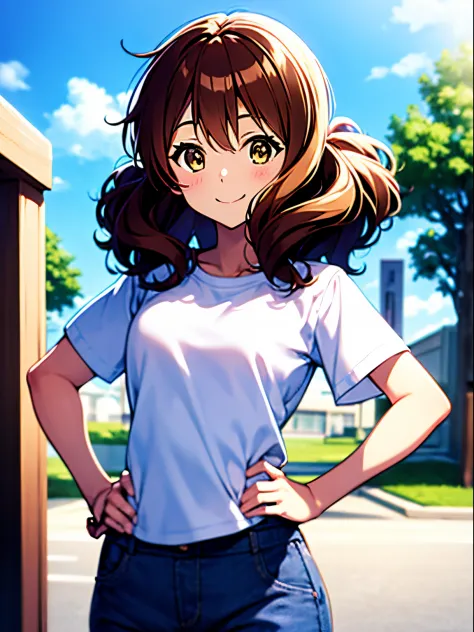 kumiko、kawaii girl、a smile、white t-shirts、trouser、a cute girl no matter who looks、hands on the hips、absolute reference to center...