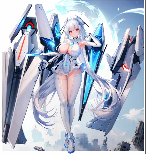 girl with long white hair and white dress, !teens girl,, in white futuristic armor, White Mecha, white haired god, azur lane style, sliver ice color reflected armor,, cyborg - girl with silver hair, glossy white armor、Cinderella/(Nike, Goddess of Victory)/...
