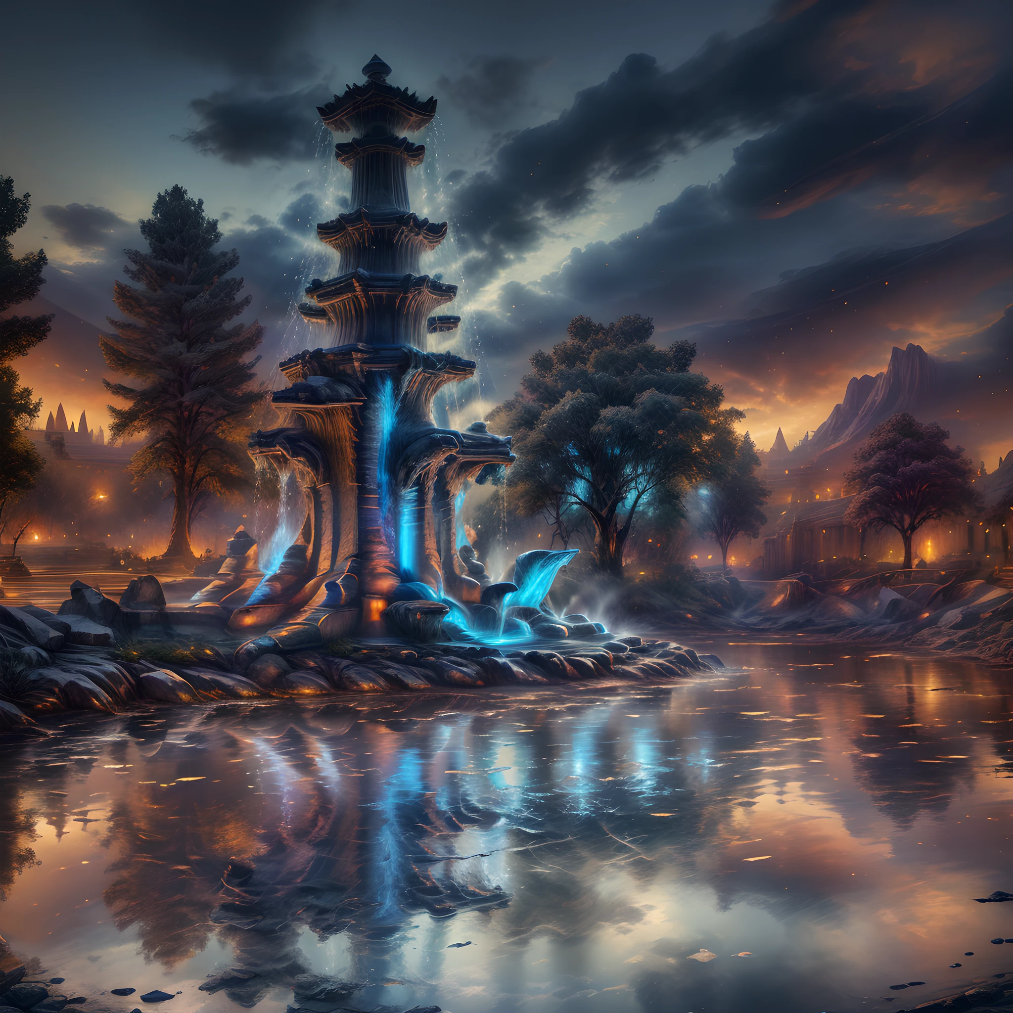 Fantasy art, RPG art, there is an epic sized magical (water fountain: 1.3) in an elven city town square, it has magical runes gl0w1ngR in the basin of the fountain, many rivulets of water entwined in (fire: 1.2), faize, the fire is combined with the water streams, its night time, moon is rising, photorealistic, 16k, RAW, award winning, (best detailed: 1.5), masterpiece, best quality, (ultra detailed), full body, ultra wide shot