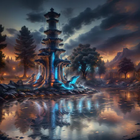 Fantasy art, RPG art, there is an epic sized magical (water fountain: 1.3) in an elven city town square, it has magical runes gl...